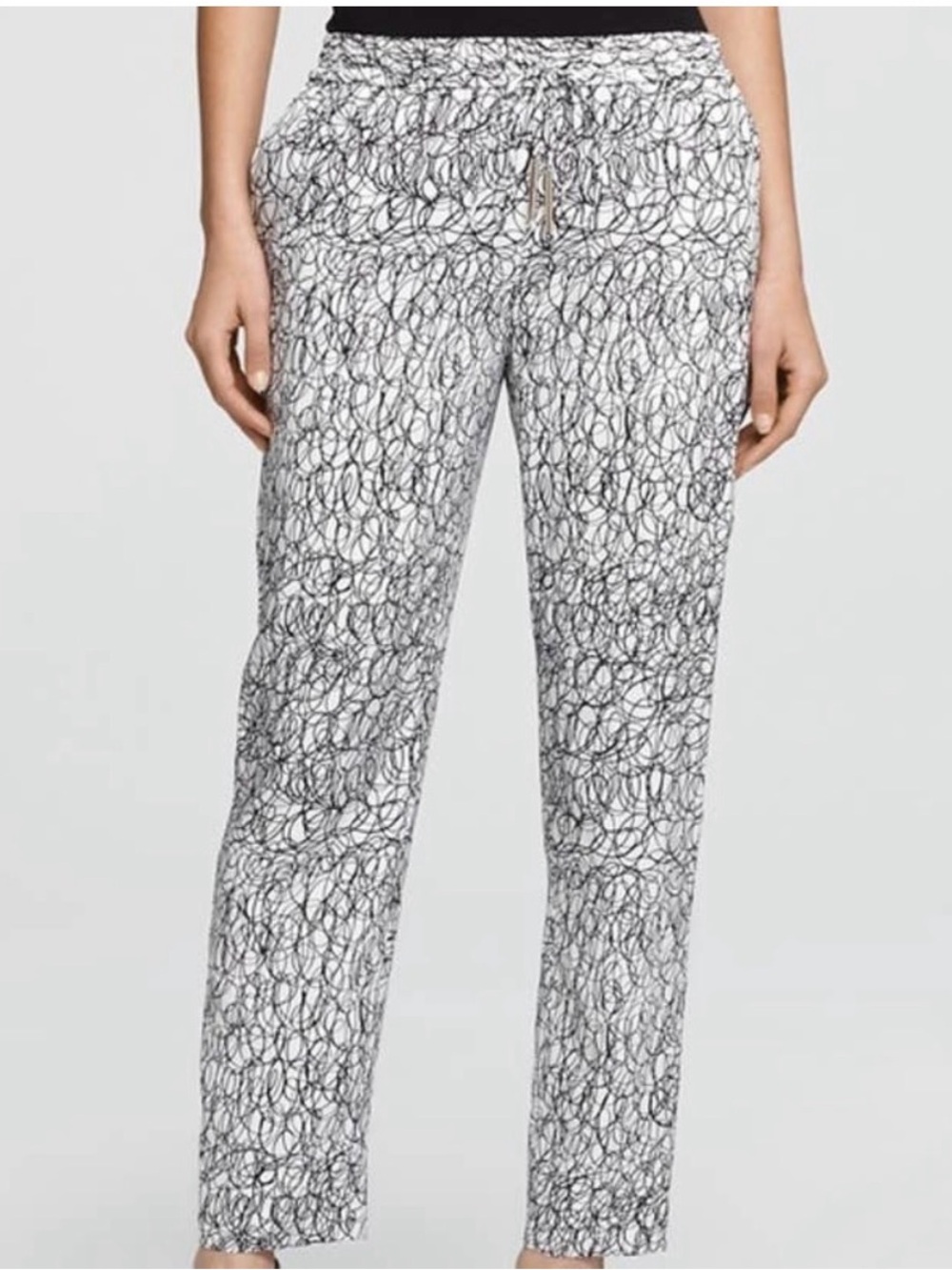 Black and White Scribble Print Drawstring Trousers - Bennett Silk Pants